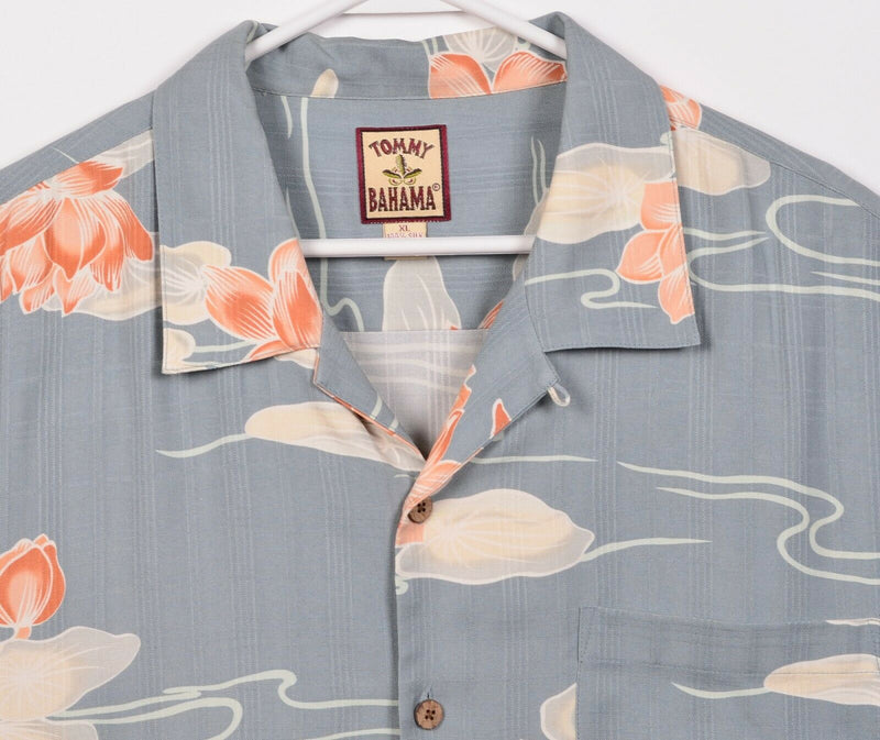 Tommy Bahama Men's XL 100% Silk Floral Lily Pad Pond Blue Hawaiian Aloha Shirt