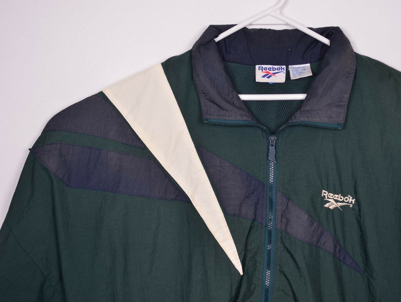 Vtg 90s Reebok Men's Sz Large Dark Green Big Logo Hooded Windbreaker Jacket