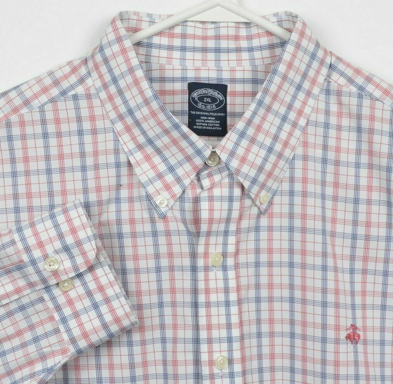 Brooks Brothers Men's 2XL Non-Iron Red Blue Plaid Button-Down Dress Shirt