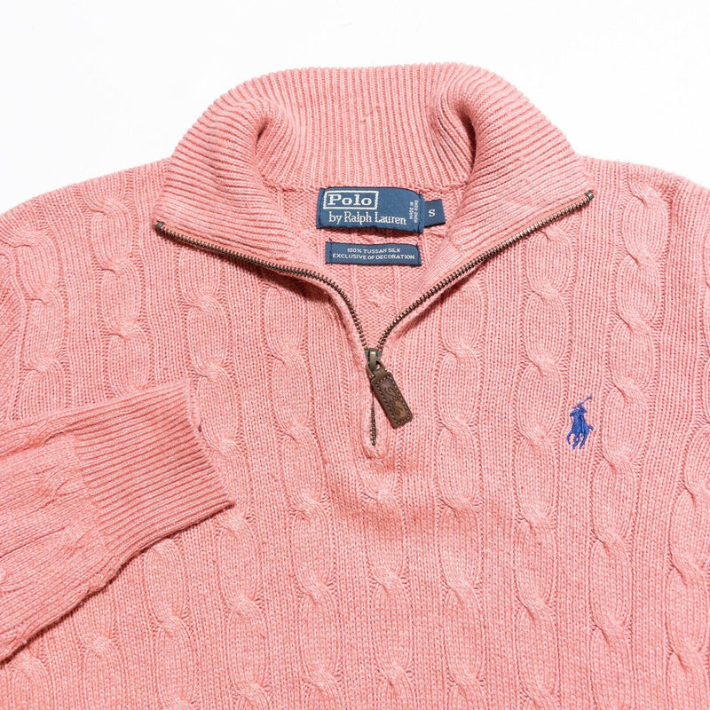 Polo Ralph Lauren Tussah Silk Sweater Men's Small Cable-Knit Pink 1/4 Zip Preppy