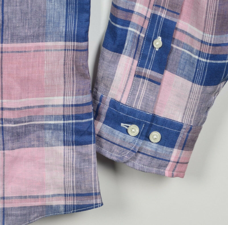 Brooks Brothers Men's Large Baird McNutt Irish Linen Pink Blue Plaid Shirt