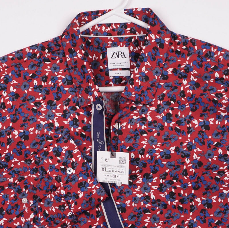 Zara Men's XL Slim Fit Floral Print Red Blue Long Sleeve Button-Front Shirt