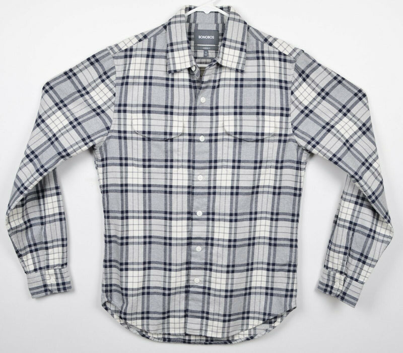 Bonobos Men's Sz Small Standard Fit Gray Cream Plaid Button-Front Flannel Shirt