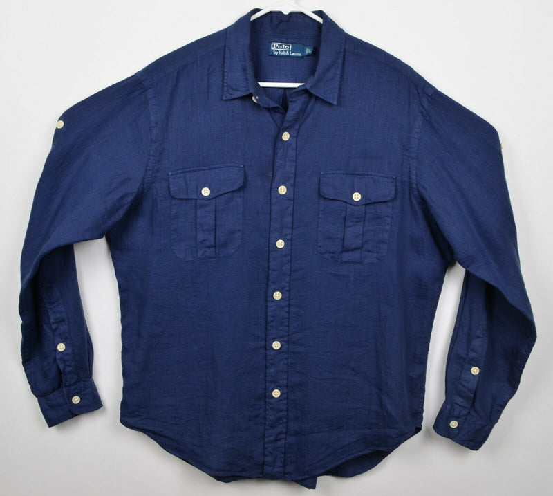 Polo Ralph Lauren Men’s Sz Large 100% Linen Solid Navy Blue Button-Front Shirt