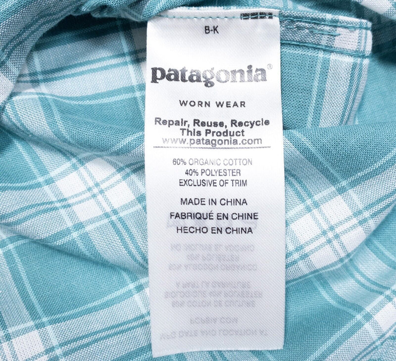 Patagonia Men's Lightweight Bluffside Shirt Large Teal Blue Plaid Short Sleeve