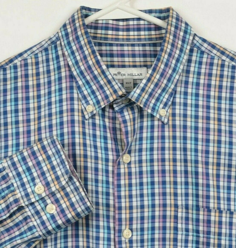 Peter Millar Crown Sport Men's XLT Cotton Silk Blue Plaid Button-Down Shirt