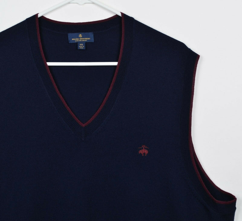 Brooks Brothers Men's 2XL 100% Merino Wool Navy Blue Logo V-Neck Sweater Vest