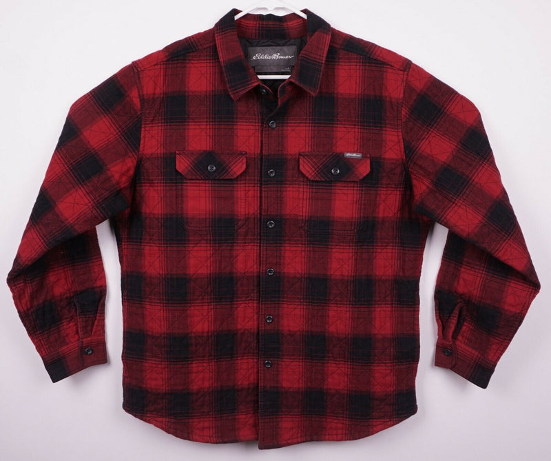 Eddie Bauer Men's Large Quilted Lined Red Plaid Flannel Shirt Jacket