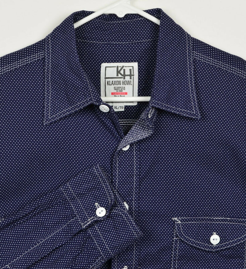 Klaxon Howl Men's Sz XL Navy Blue Polka Dot Long Sleeve Made in Canada Shirt