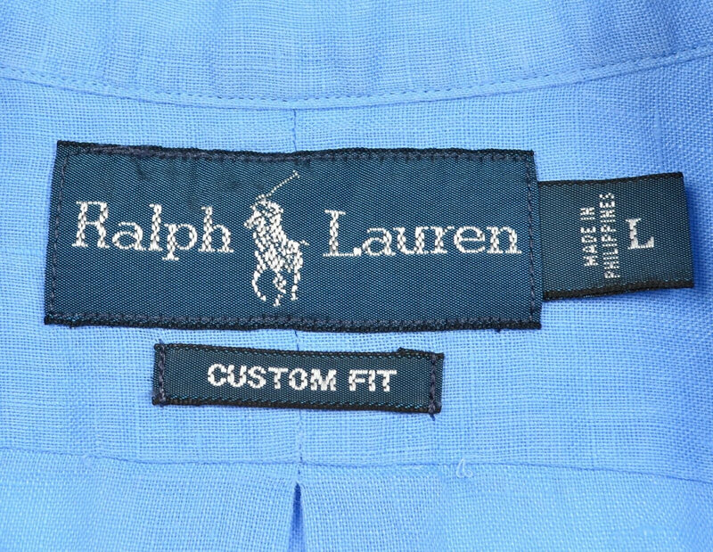 Polo Ralph Lauren Men's Large Custom Fit 100% Linen Solid Blue Button-Down Shirt