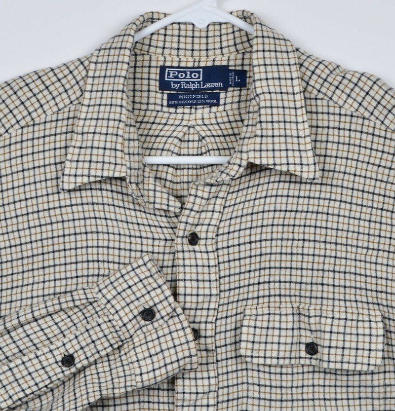 Polo Ralph Lauren Men's Large "Whitfield" Wool Blend Cream Plaid Flannel Shirt