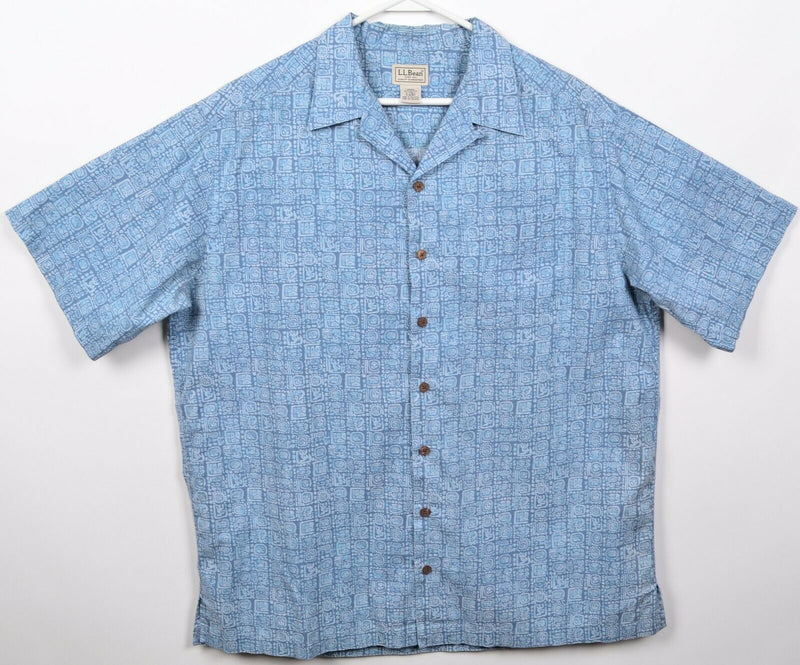LL Bean Men's LT (Large Tall) Blue Aztec Geometric Button-Front Hawaiian Shirt