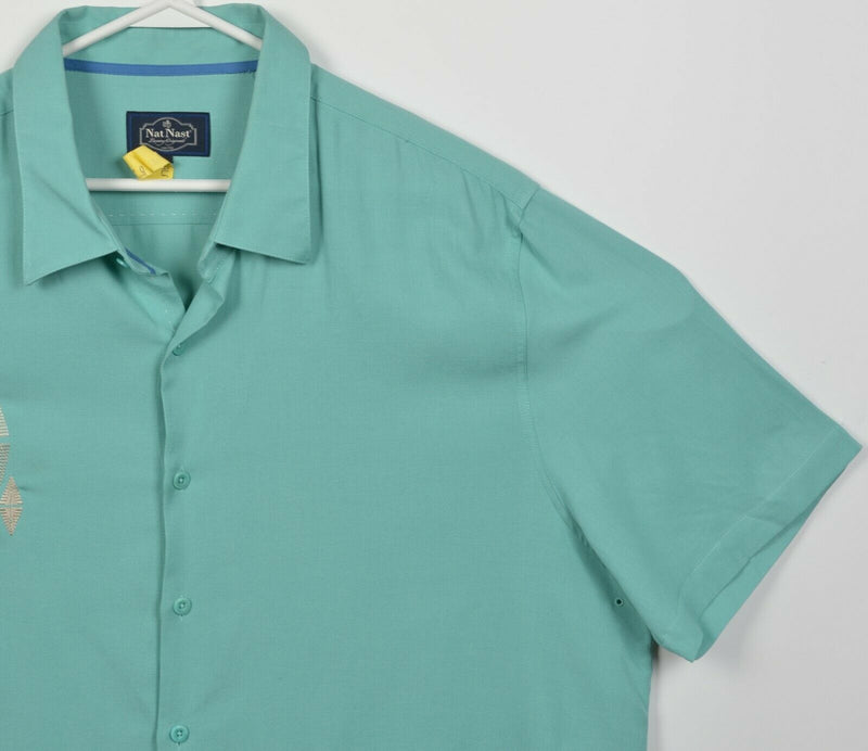 Nat Nast Men's XL Silk Green Geometric Embroidered Hawaiian Bowling Retro Shirt