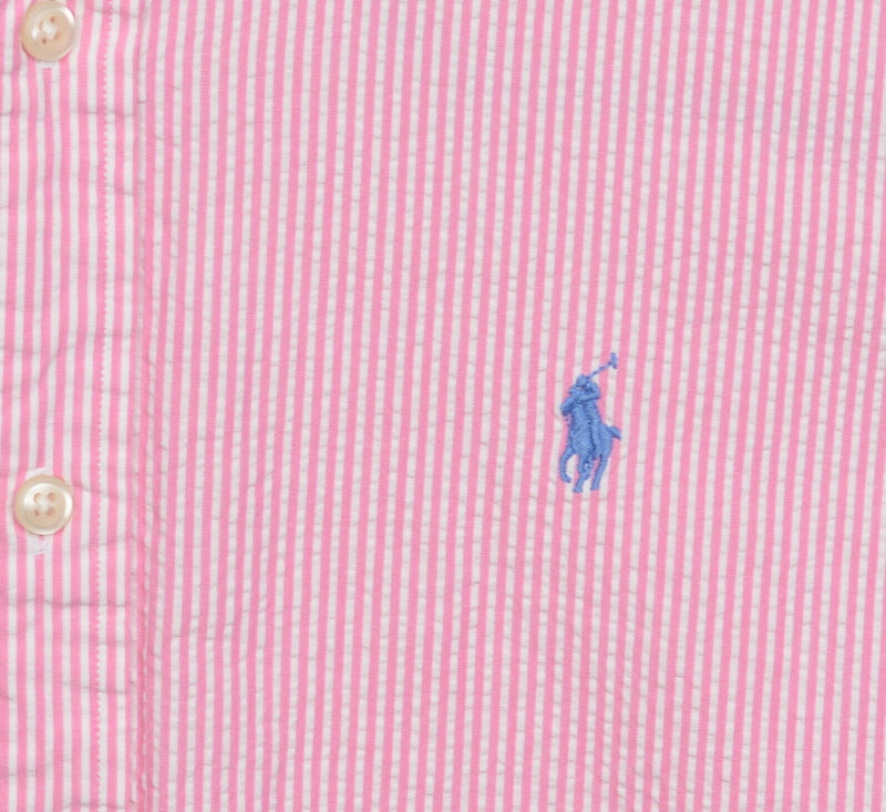 Polo Ralph Lauren Men's Medium Seersucker Pink Striped Pony Button-Down Shirt