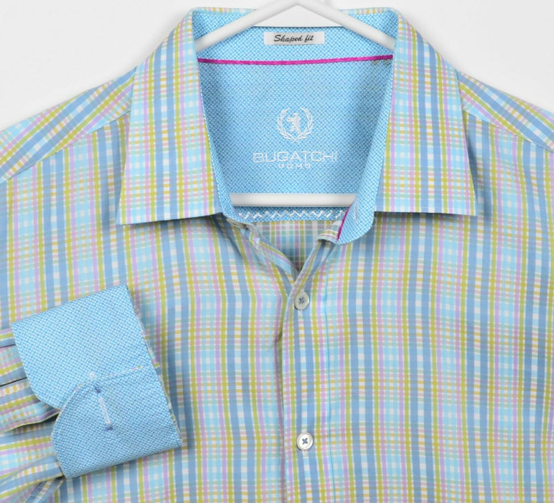 Bugatchi Uomo Men's Large? Flip Cuff Blue Yellow Plaid Button-Front Shirt