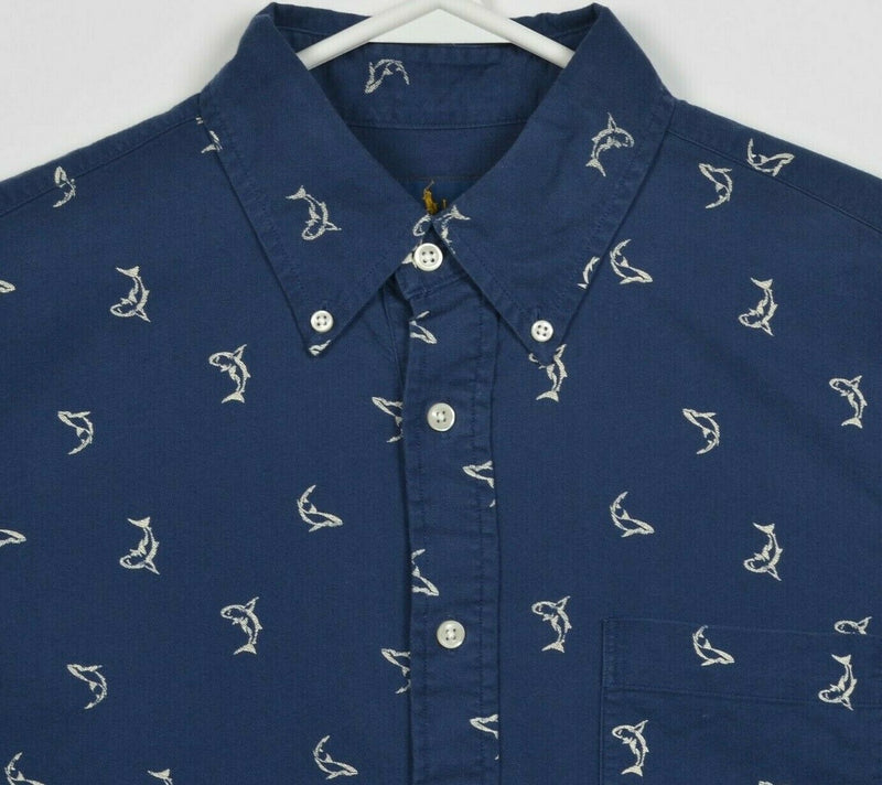 Polo Ralph Lauren Men's Medium Shark Pattern Fish Navy Blue Button-Down Shirt