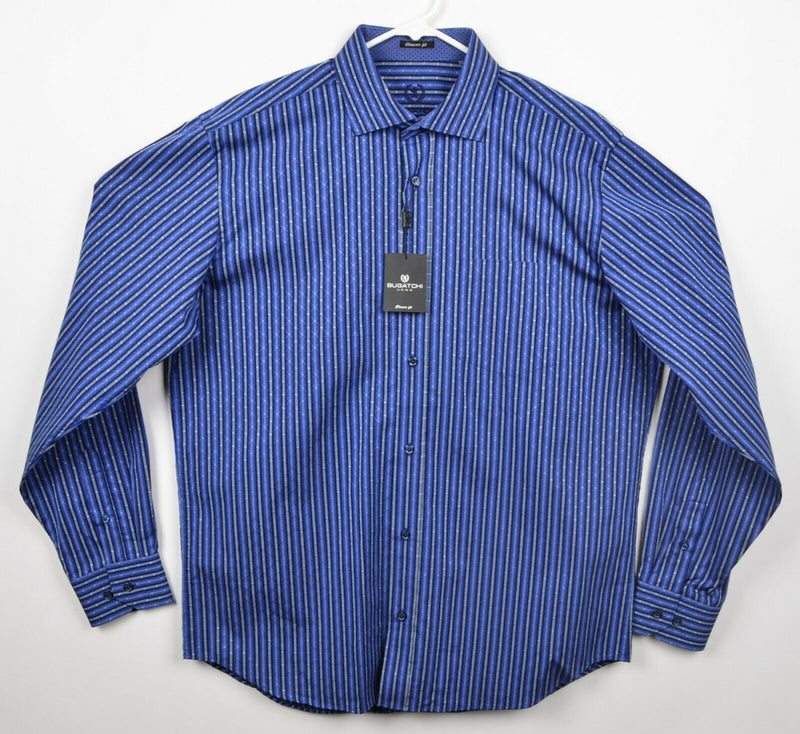 Bugatchi Uomo Men's Sz Large Classic Fit Flip Cuff Blue Striped Geometric Shirt