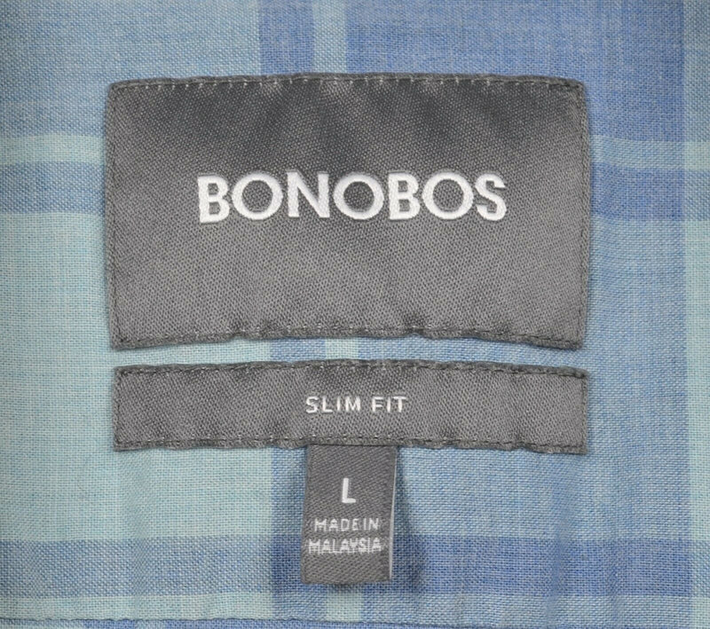 Bonobos Men's Large Slim Fit Blue Green Plaid Casual Button-Down Shirt