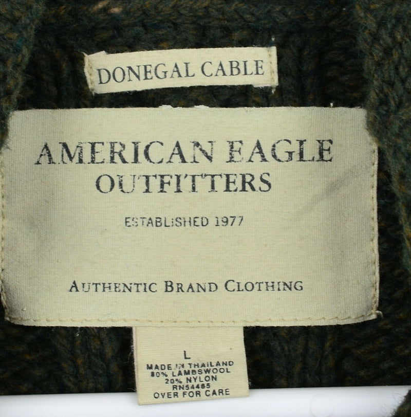 American Eagle Men's Large Donegal Cable-Knit Lambswool Green Irish Sweater