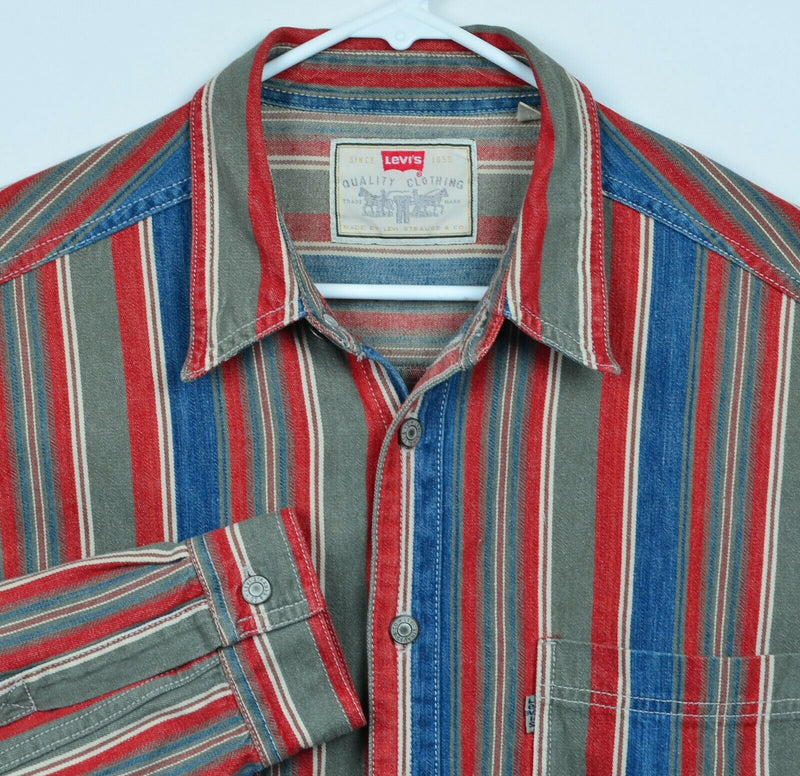 Vtg 90s Levi's Mens Sz Large Metal Rivet Buttons Red Blue Striped Railroad Shirt