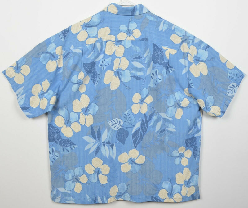 Tommy Bahama Men's XL 100% Silk Blue Yellow Floral Hawaiian Aloha Camp Shirt