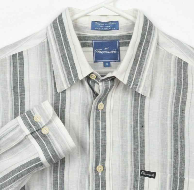 Faconnable Men's Medium 100% Linen Gray White Striped Button-Front Shirt