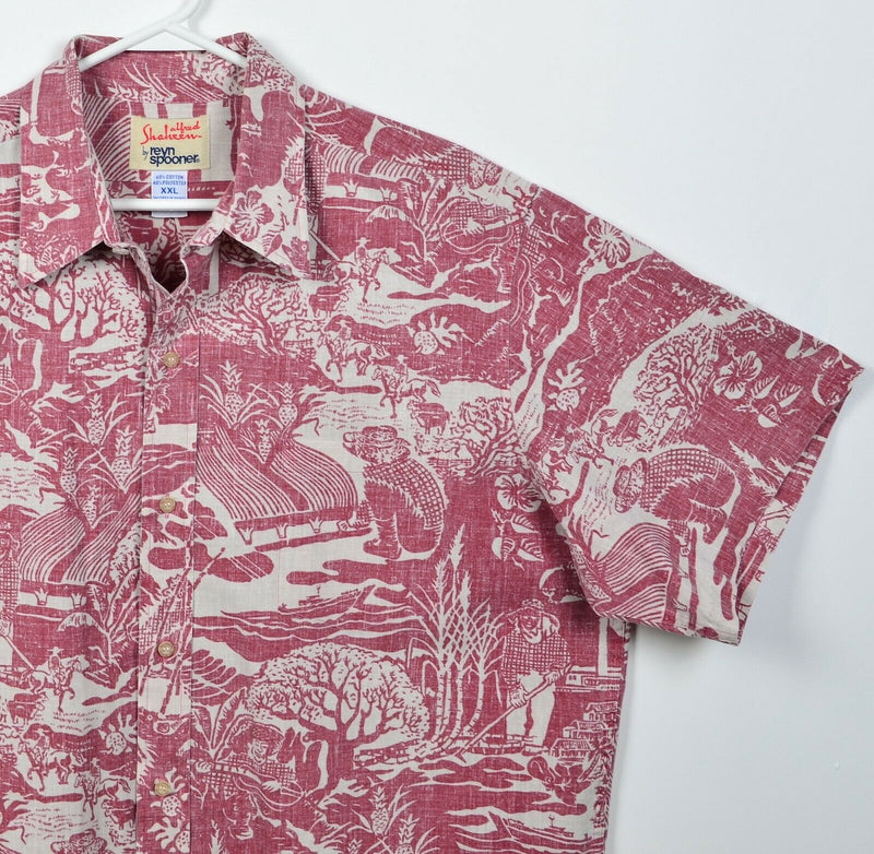 Alfred Shaheen by Reyn Spooner Men's 2XL Red Cowboy Farm Floral Hawaiian Shirt