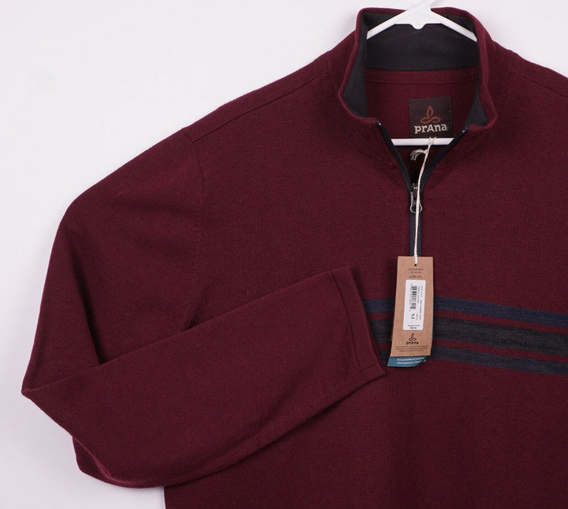 Prana Men's Sz XL Maroon Red Striped Wool Blend 1/4 Zip Holberg Sweater NWT