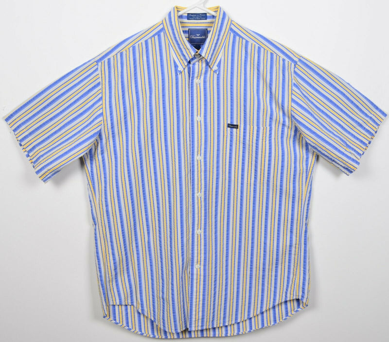 Faconnable Men's Medium Seersucker Blue Yellow Striped Vintage Button-Down Shirt