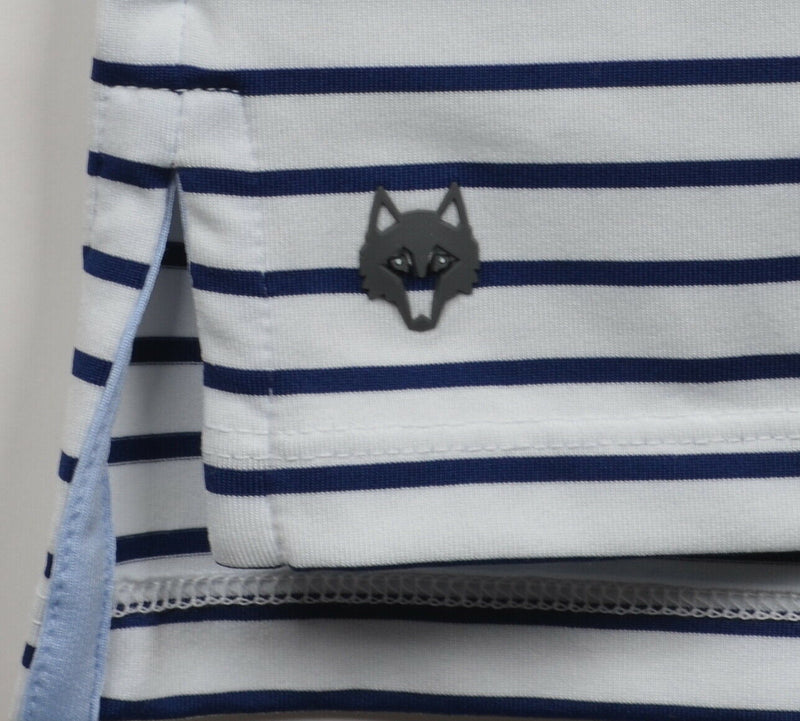 Greyson Men's Medium White Blue Striped Spread Collar Wicking Golf Polo Shirt