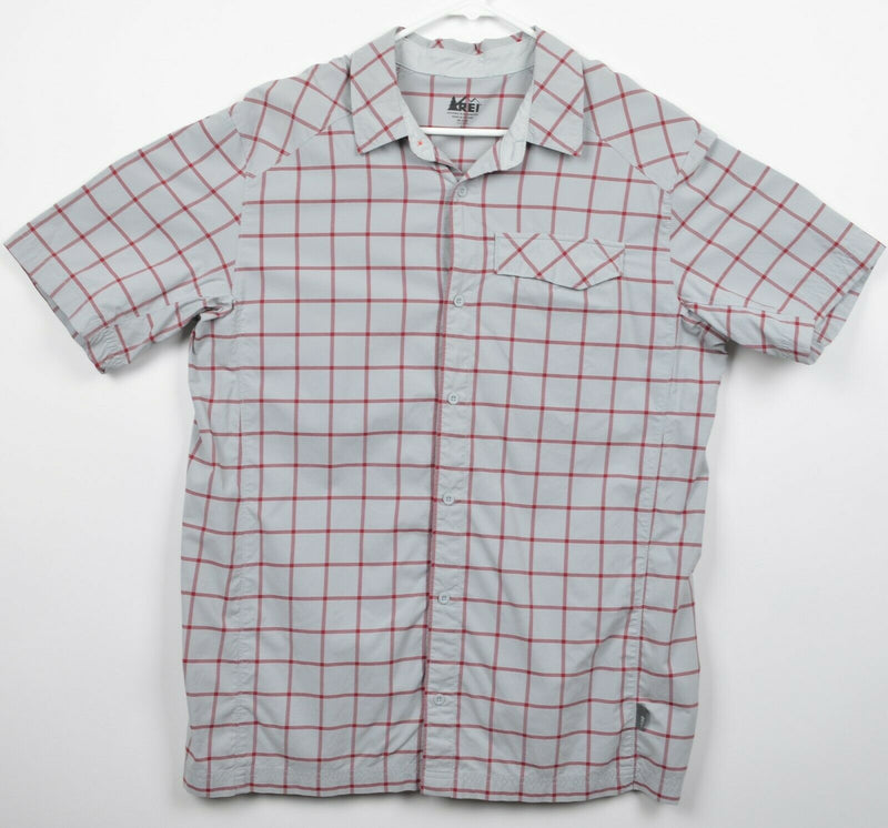 REI Men's Sz Large Gray Red Graph Check Nylon Hiking Casual Short Sleeve Shirt