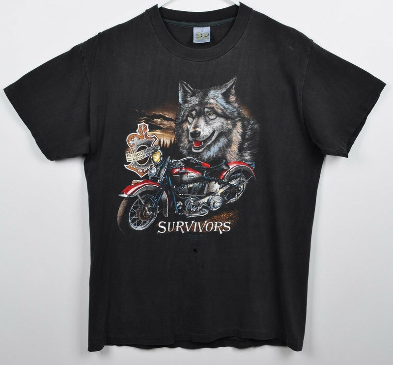 Vtg 1989 3D Emblem Men's Large Survivors Wolf Harley-Davidson Paper Thin T-Shirt