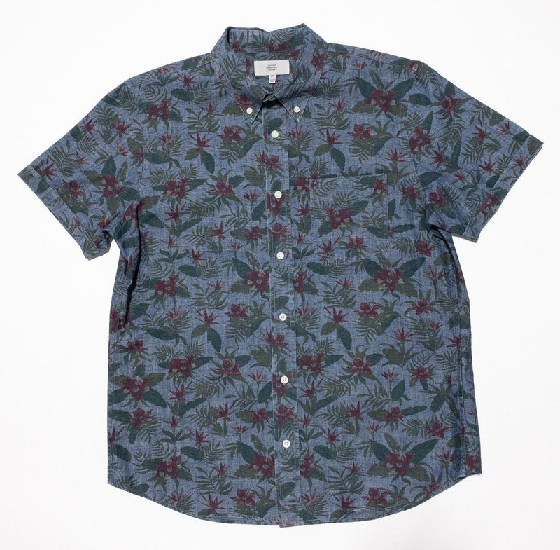 Jack Spade Shirt Large Men's Floral Blue Chambray Short Sleeve Button-Down