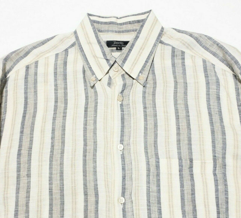 Zanella Linen Shirt Men's Large White Gray Striped Long Sleeve Button-Front