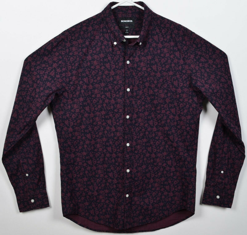 Bonobos Men's Large Long Slim Fit Floral Navy Blue Purple Button-Down Shirt