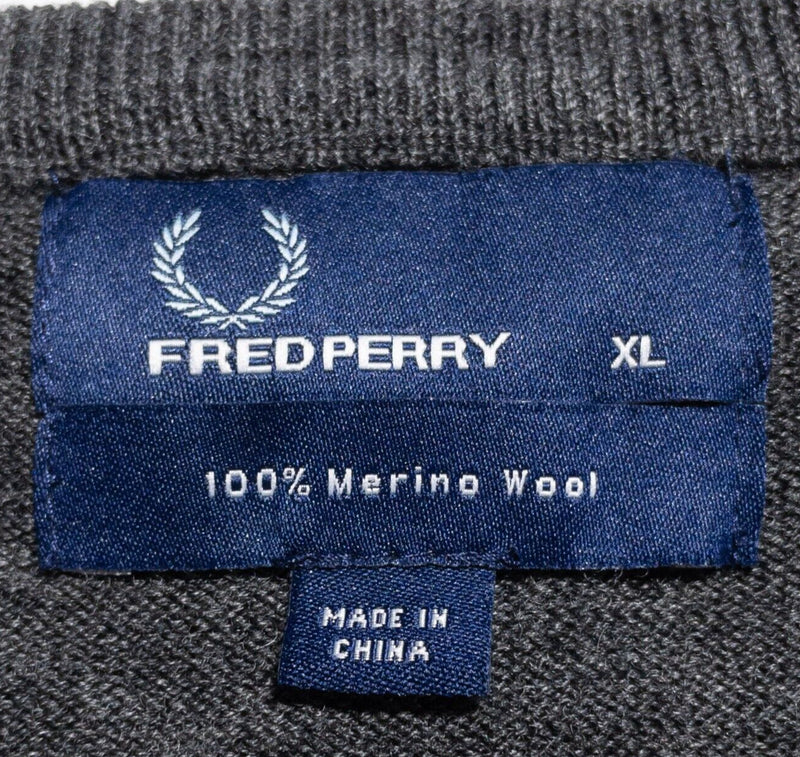 Fred Perry Sweater Mens XL V-Neck Merino Wool Argyle Diamond Pullover Green Gray