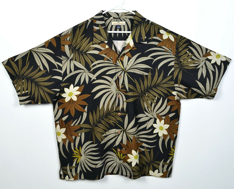 Tommy Bahama Men's XL 100% Silk Black Brown Floral Palm Hawaiian Aloha Shirt