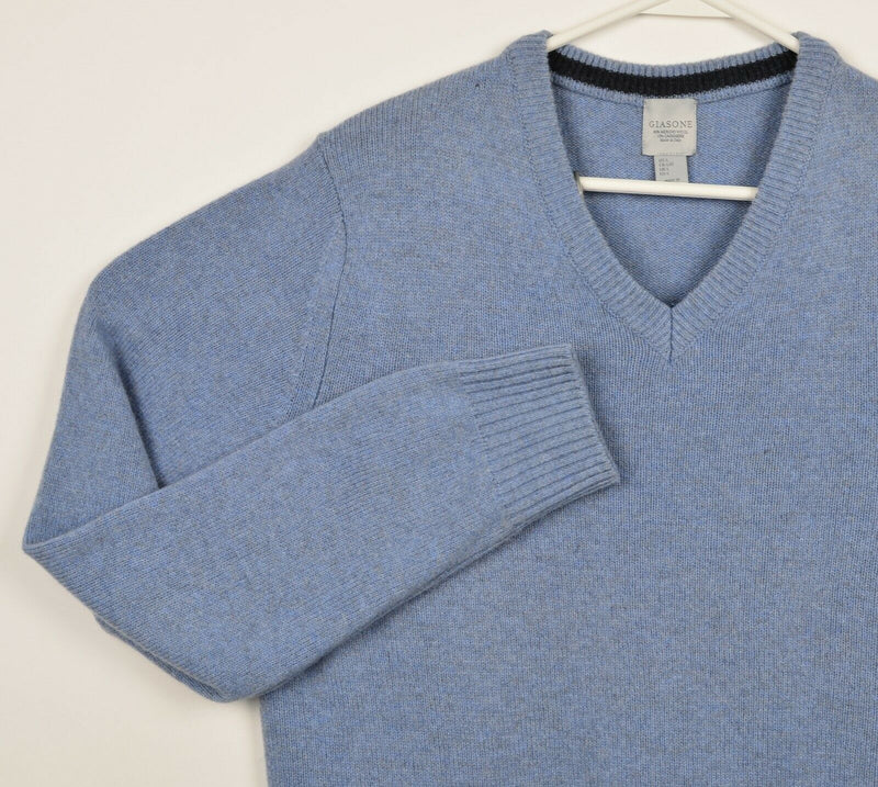 Giasone Men's Large Merino Wool Cashmere Blue Blend Italy Blue V-Neck Sweater