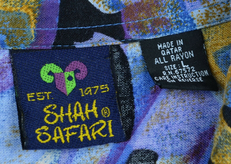 Vtg 90s Shah Safari Men's Sz Large 100% Rayon Abstract Geometric Hawaiian Shirt