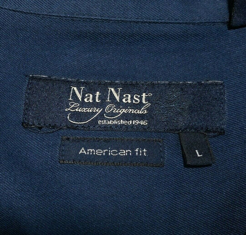 Nat Nast Silk Shirt Large American Fit Bowling Panel Retro Black Blue Striped