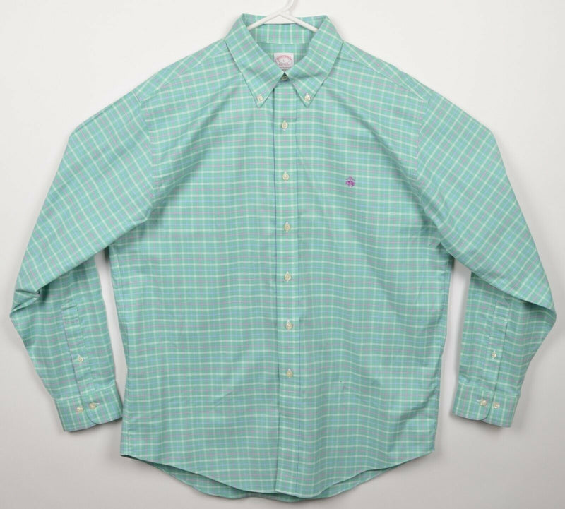 Brooks Brothers Men's Large Regular Fit Green Plaid Non-Iron Button-Down Shirt