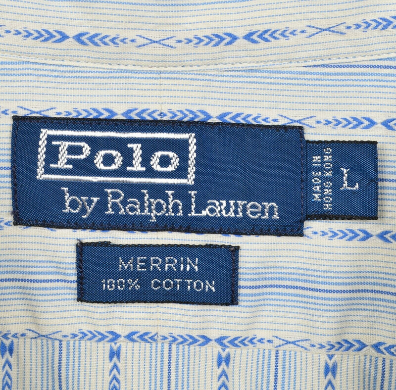 Polo Ralph Lauren Men's Large "Merrin" White Blue Striped Geometric Button Shirt