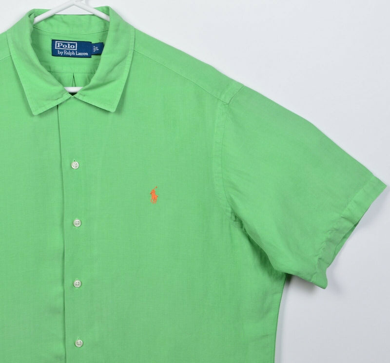 Polo Ralph Lauren Men's Large Linen Silk Blend Solid Green Button-Front Shirt