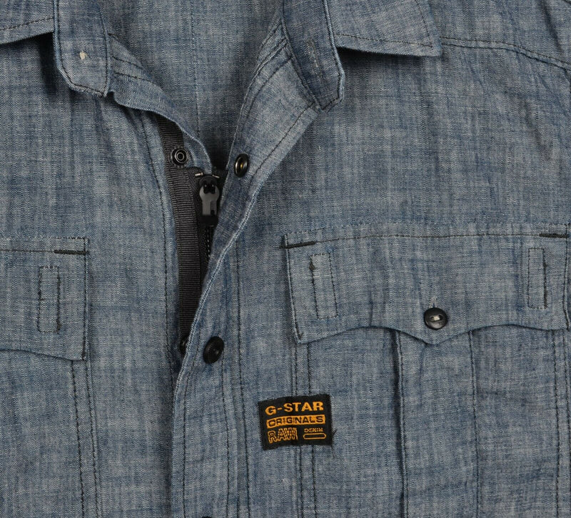 G-Star Men's Sz XL Snap Zip Blue Gould Chambray Long Sleeve Shirt