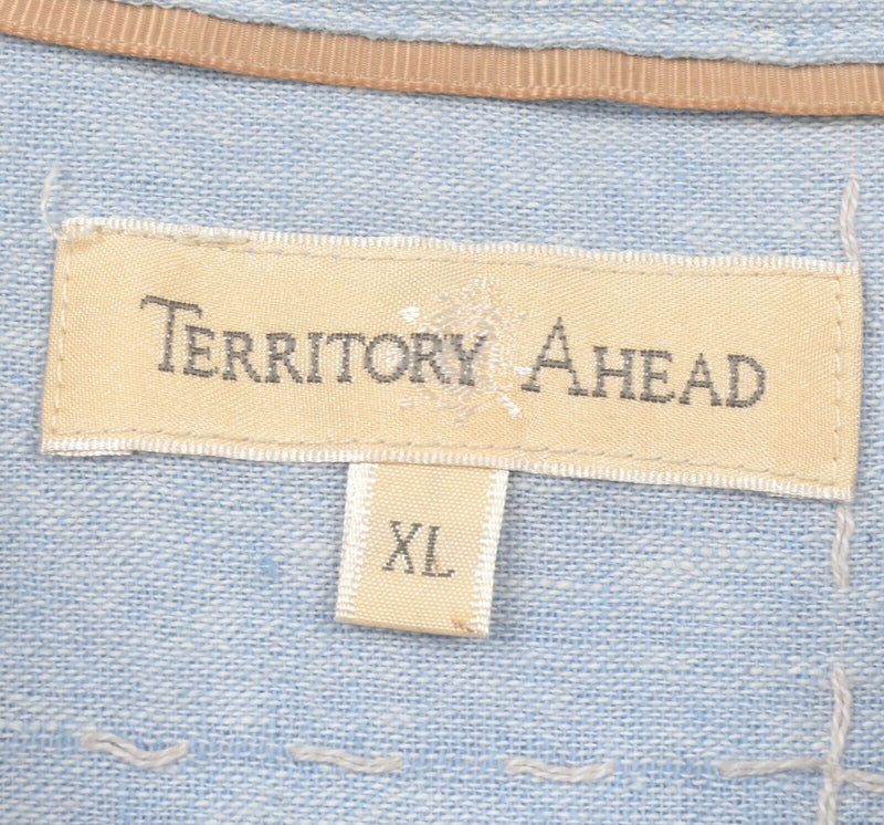 Territory Ahead Men's Sz 2XL Linen Blend Light Blue Stitch Accent Resort Shirt