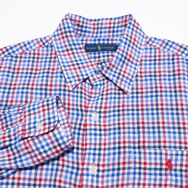 Polo Ralph Lauren Linen Shirt Men's Large Button-Up Long Sleeve Blue Red Check