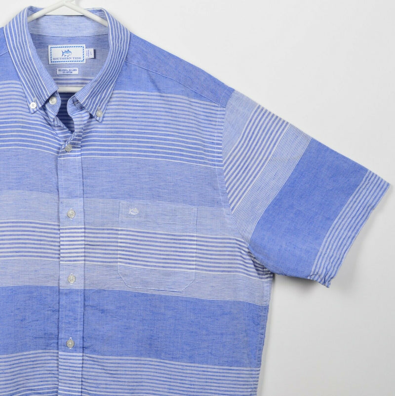 Southern Tide Men's Large Linen Blend Blue Striped Skipjack Button-Down Shirt