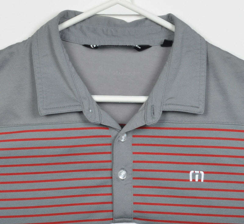 Travis Mathew Men's Medium Gray White Red Striped Wicking Golf Polo Shirt