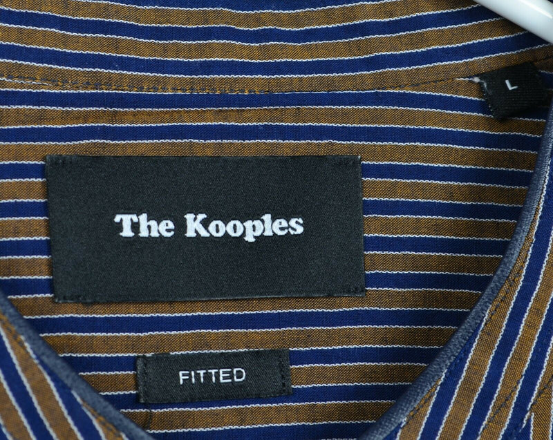 The Kooples Fitted Men's Large Cotton Linen Band Collar Blue Gold Striped Shirt