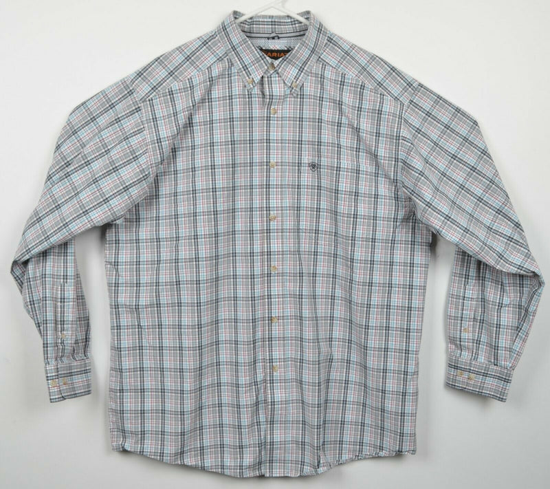 Ariat Pro Series Men's XL Blue Red Gray Plaid Western Rodeo Button-Down Shirt